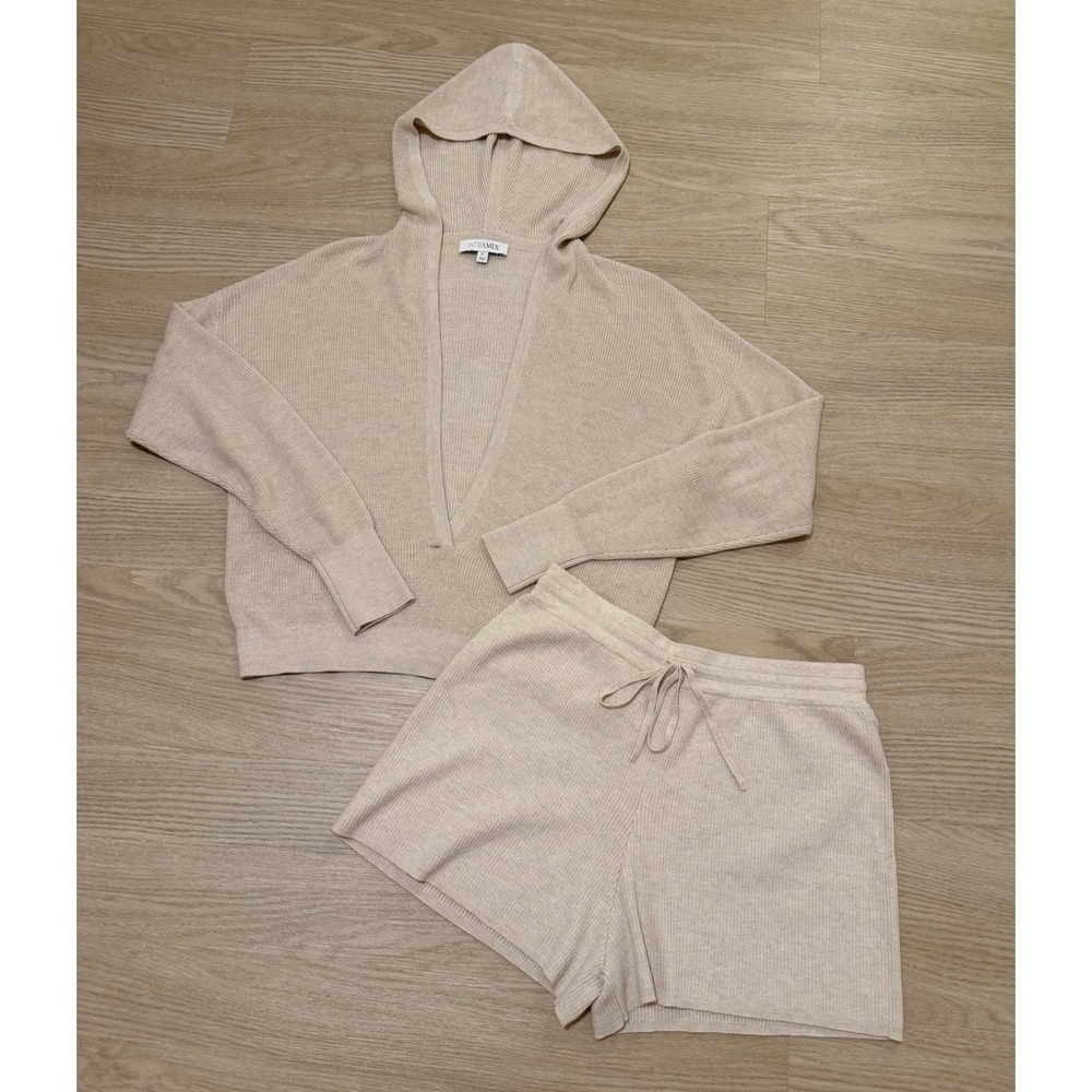 Intermix Hoodie and Shorts Set Womens P/S Tan Silk Cashmere Knit Loungewear